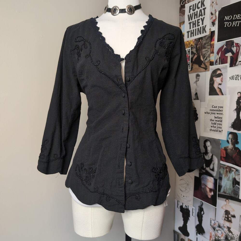 Embroidered Soutache Lace Trim Button Top